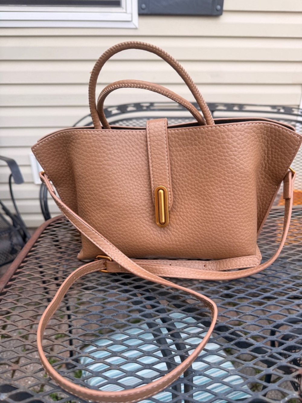 Tan Pebbled Leather Tote Bag with Gold Accent
